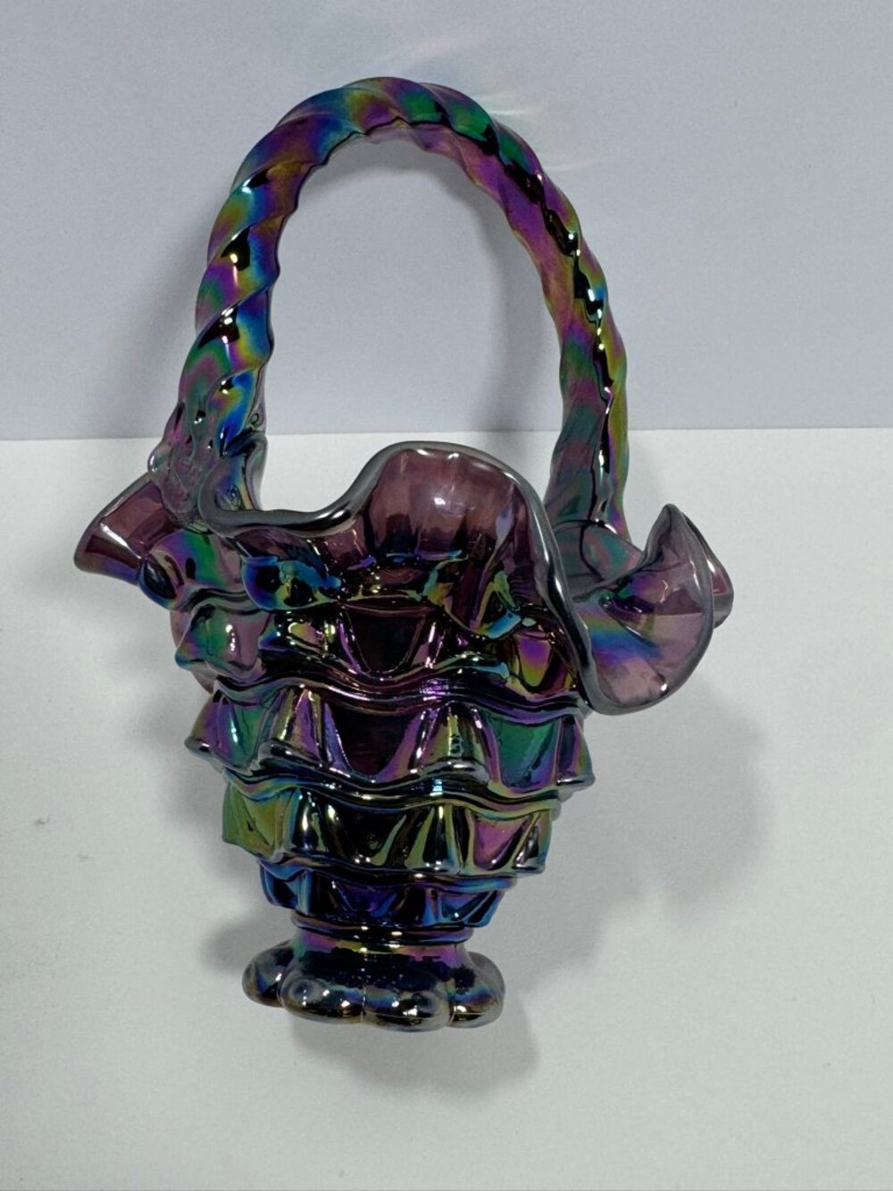 Fenton Style Purple Carnival Glass Basket with Twisted Handle & Ruffled Rim